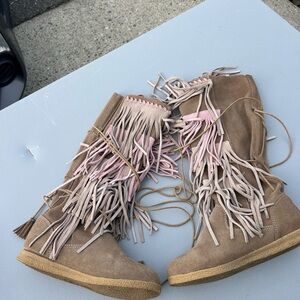 Colors of California Women's Fringe Boots in Tan and Pink